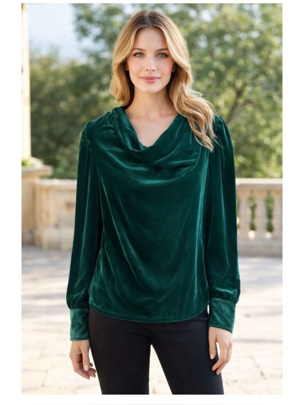 Rachel Zoe emeral green velvet cowl neck blouse